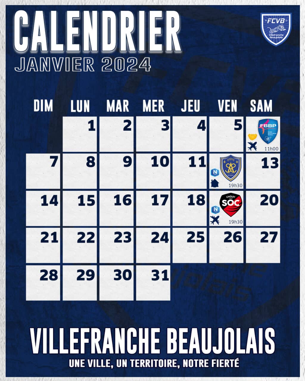 Calendrier N1 : Janvier 2024 - FCVB